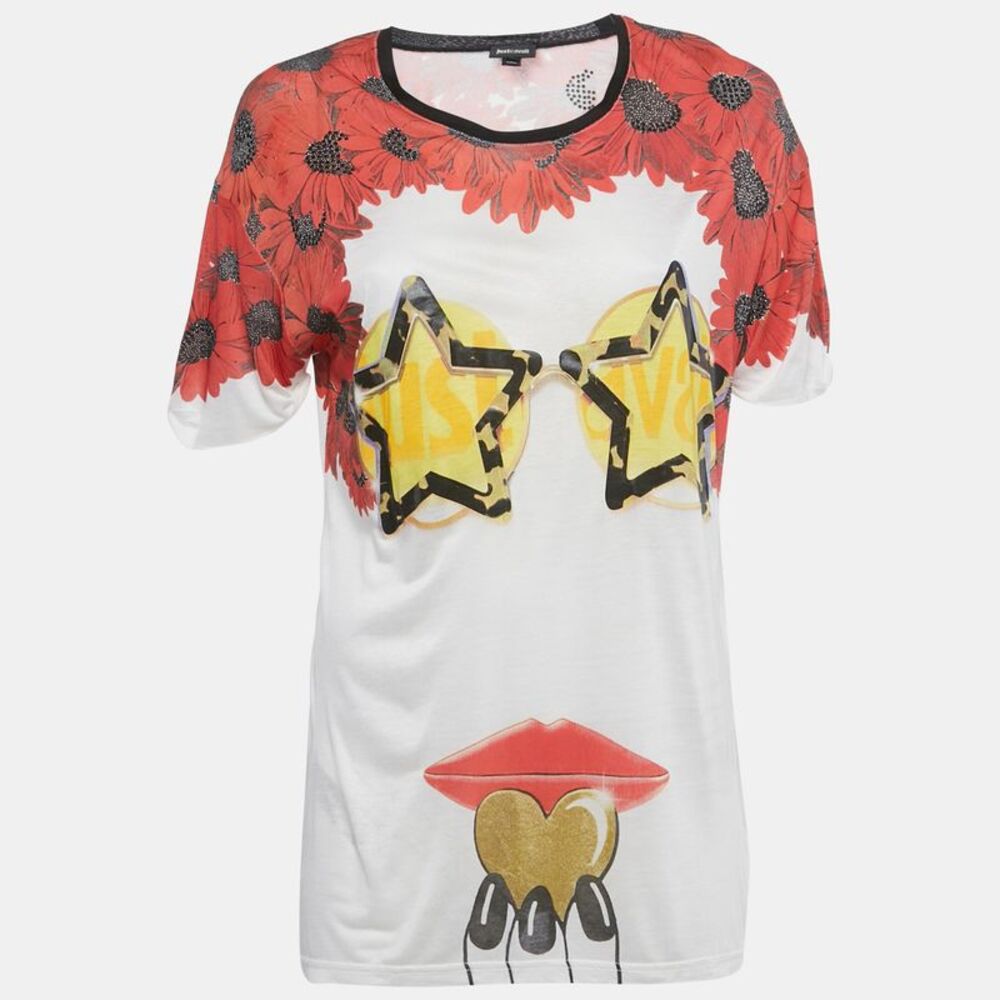 Just Cavalli White Printed Embellished Jersey T-Shirt M
